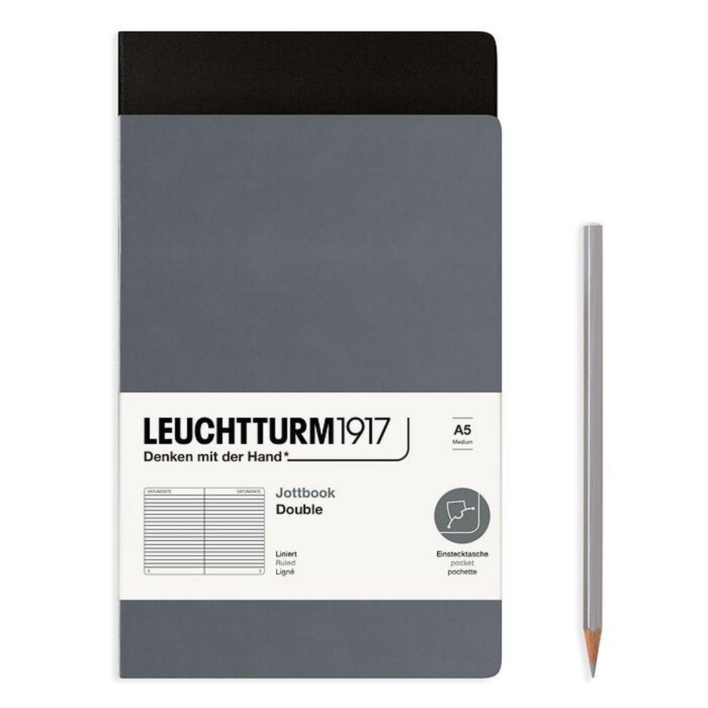 Leuchtturm, Grey, Journal, Art & School, A5, Dotted, Jottbook Double, Light Grey & Black, 724280